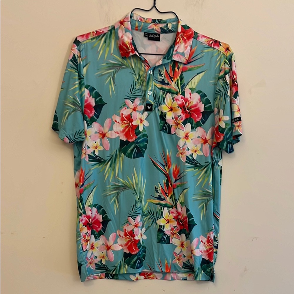 Bad Birdie Men's Tropical Floral Polo Shirt Teal Size Medium